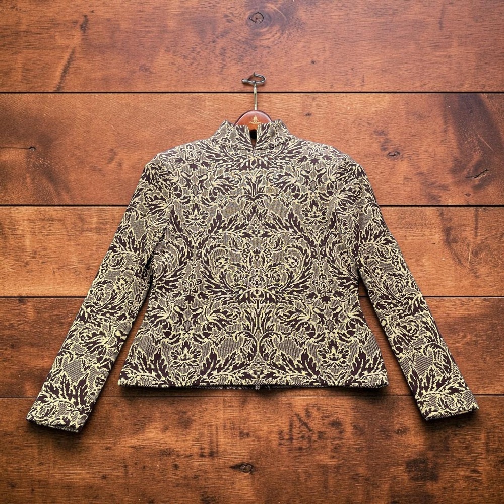 St John Collection Marie Gray Brown Gold Metallic Damask Knit Zip Jacket Size S